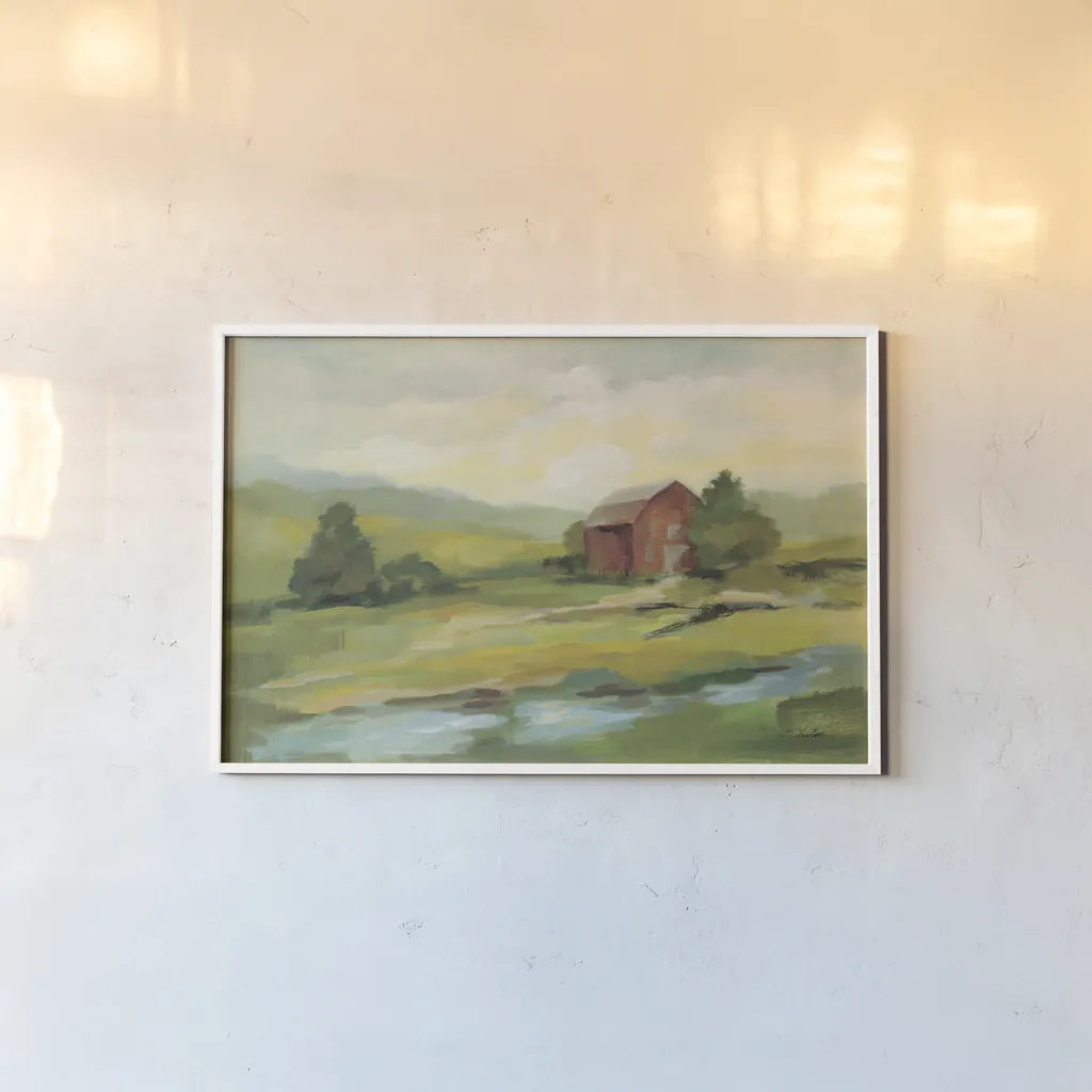 Springtime Farm by Silvia Vassileva. shown as a paper print in a white frame. Available as a archival giclee rolled canvas, fine art paper, or poster print. SKU 69146i.