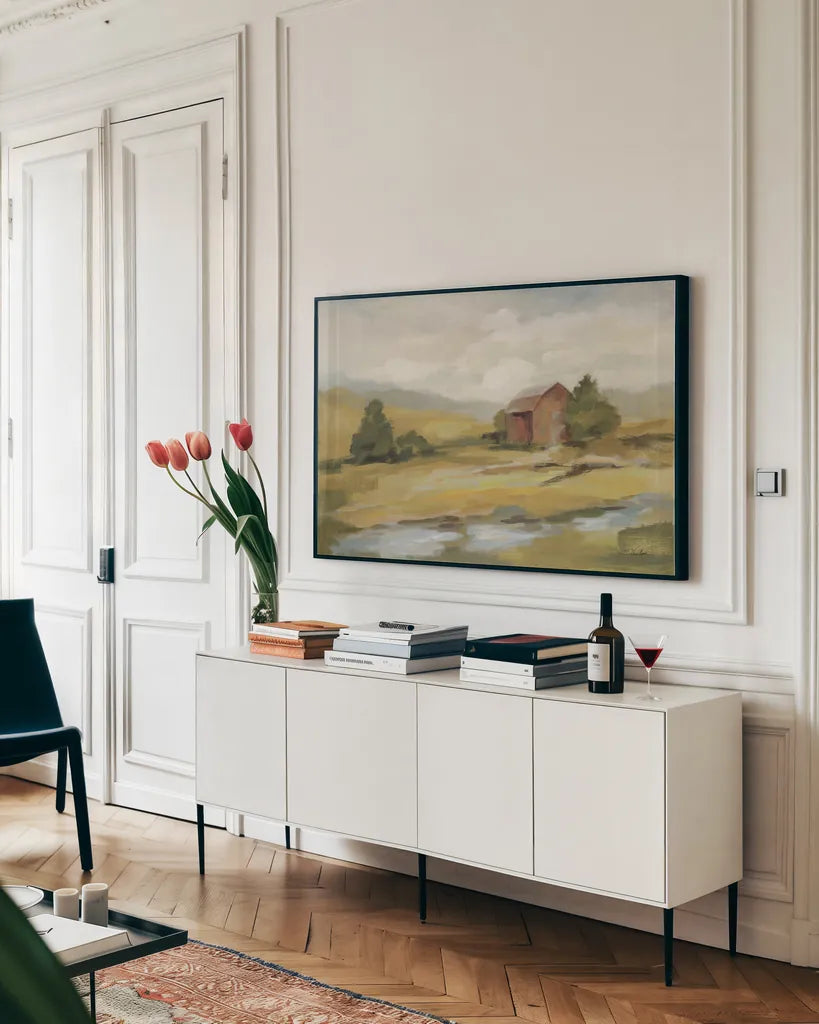 Springtime Farm Neutral by Silvia Vassileva. shown as a framed stretched canvas in a living room above a console. Available as a archival giclee rolled canvas, fine art paper, or poster print. SKU 69375i.