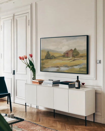 Springtime Farm Neutral by Silvia Vassileva. shown as a framed stretched canvas in a living room above a console. Available as a archival giclee rolled canvas, fine art paper, or poster print. SKU 69375i.