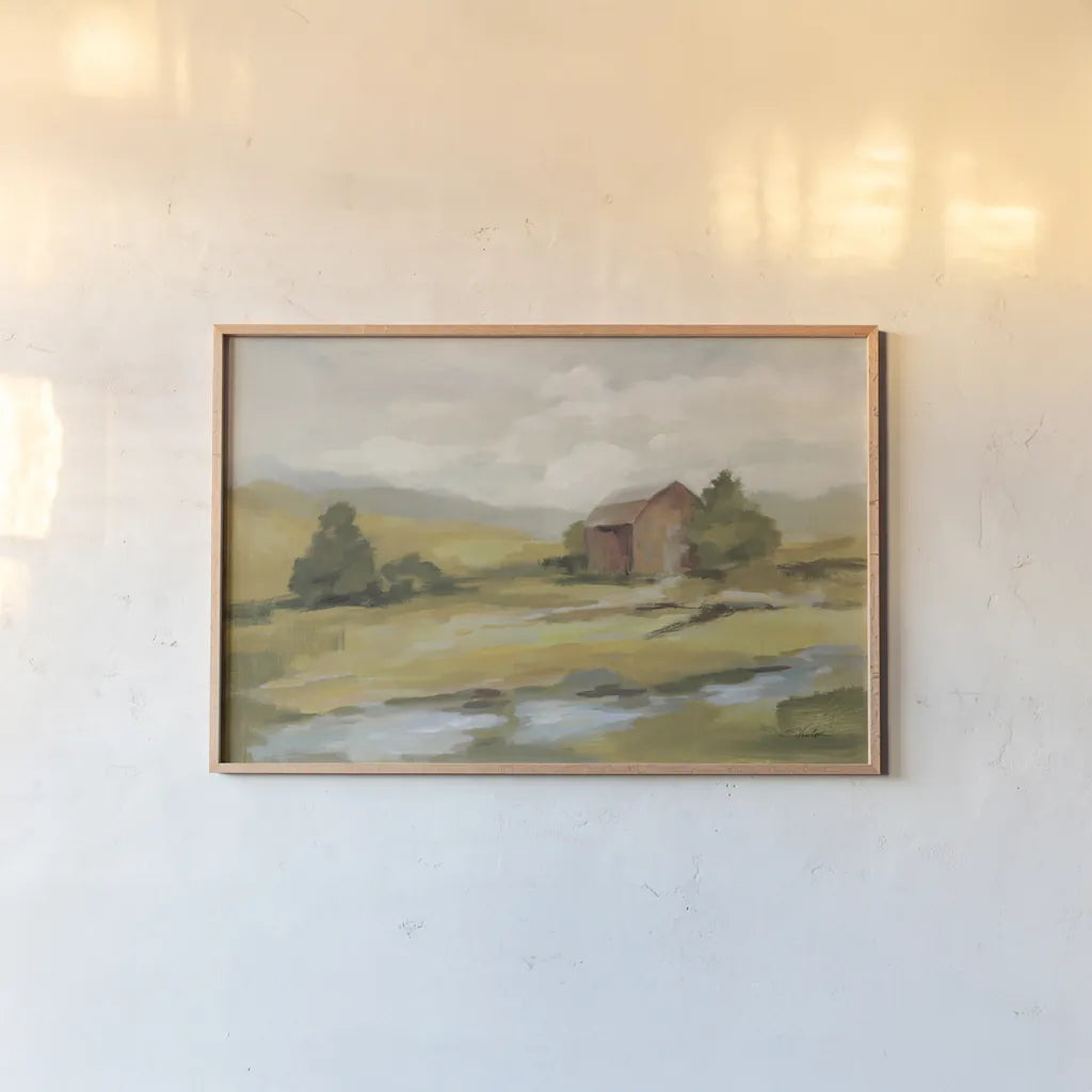 Springtime Farm Neutral by Silvia Vassileva. shown as a paper print in a natural frame. Available as a archival giclee rolled canvas, fine art paper, or poster print. SKU 69375i.