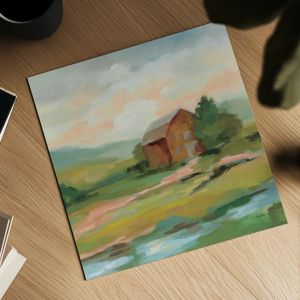 Springtime Farm Pastel Sq by Silvia Vassileva. Shown as a detailed flat fine art print, highlighting archival giclee quality. Available as an archival giclee rolled canvas, fine art paper, or poster print. SKU 69374a.