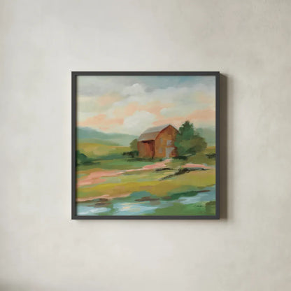 Springtime Farm Pastel Sq by Silvia Vassileva. Shown in a sleek black glass frame for a contemporary gallery look. Available as an archival giclee rolled canvas, fine art paper, or poster print. SKU 69374a.
