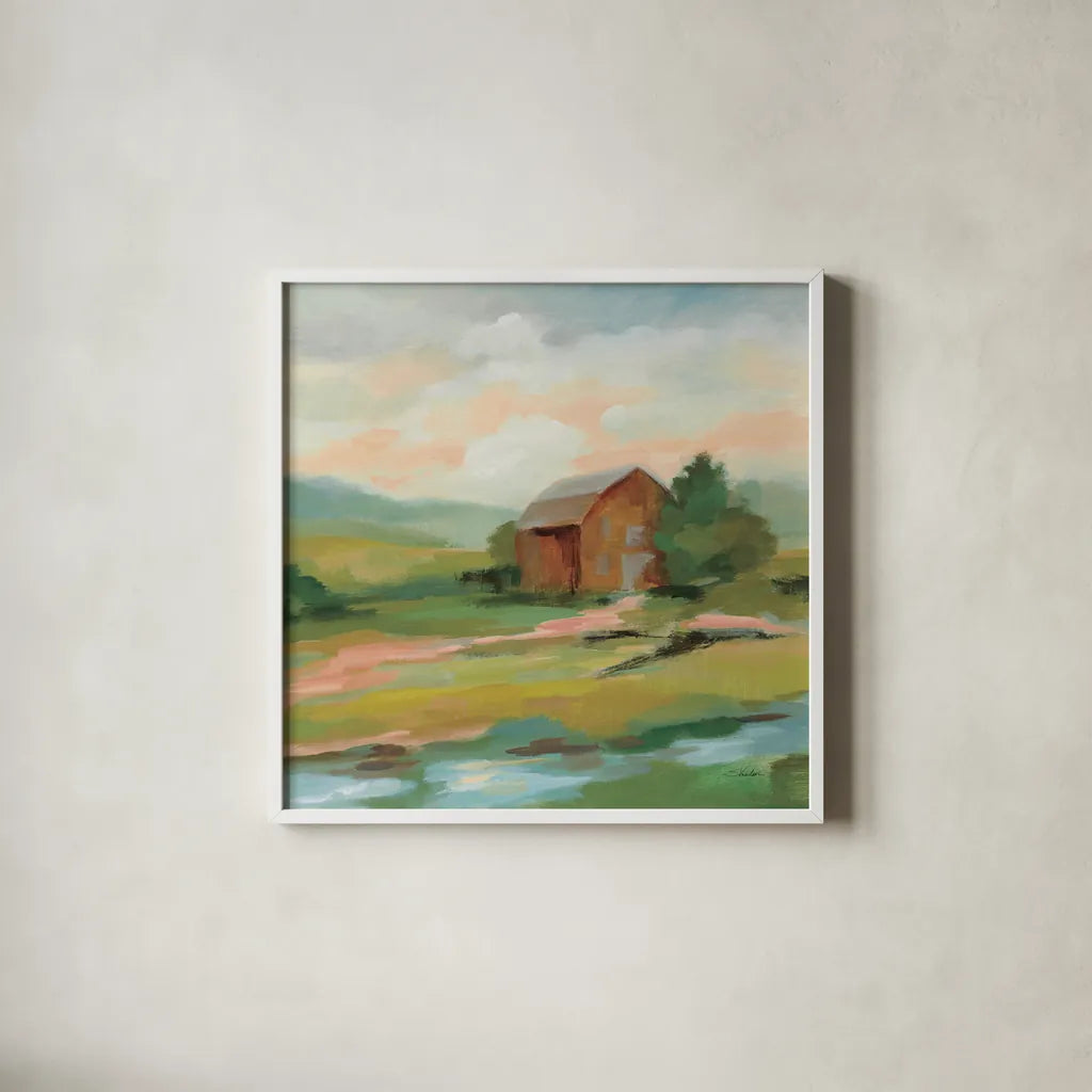 Springtime Farm Pastel Sq by Silvia Vassileva. Shown in a crisp white glass frame for a clean and minimalist style. Available as an archival giclee rolled canvas, fine art paper, or poster print. SKU 69374a.