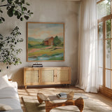 Springtime Farm Pastel Sq by Silvia Vassileva. Shown in a natural wood frame in a cozy modern living room. Available as an archival giclee rolled canvas, fine art paper, or poster print. SKU 69374a.