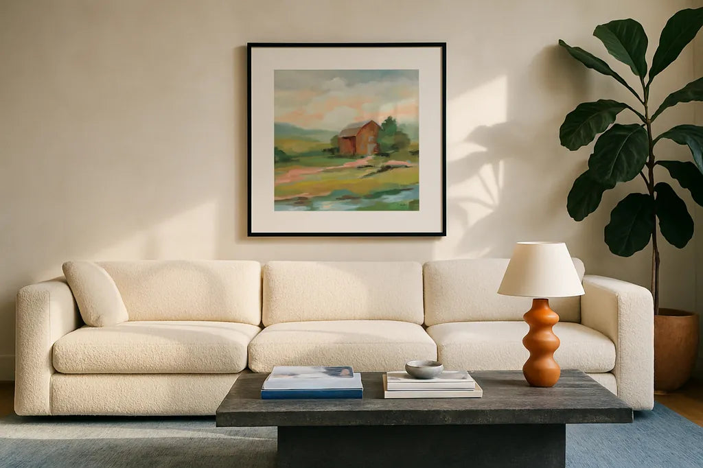 Springtime Farm Pastel Sq by Silvia Vassileva. Displayed in a glass frame with matte in a clean modern living room. Available as an archival giclee rolled canvas, fine art paper, or poster print. SKU 69374a.