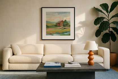 Springtime Farm Pastel Sq by Silvia Vassileva. Displayed in a glass frame with matte in a clean modern living room. Available as an archival giclee rolled canvas, fine art paper, or poster print. SKU 69374a.
