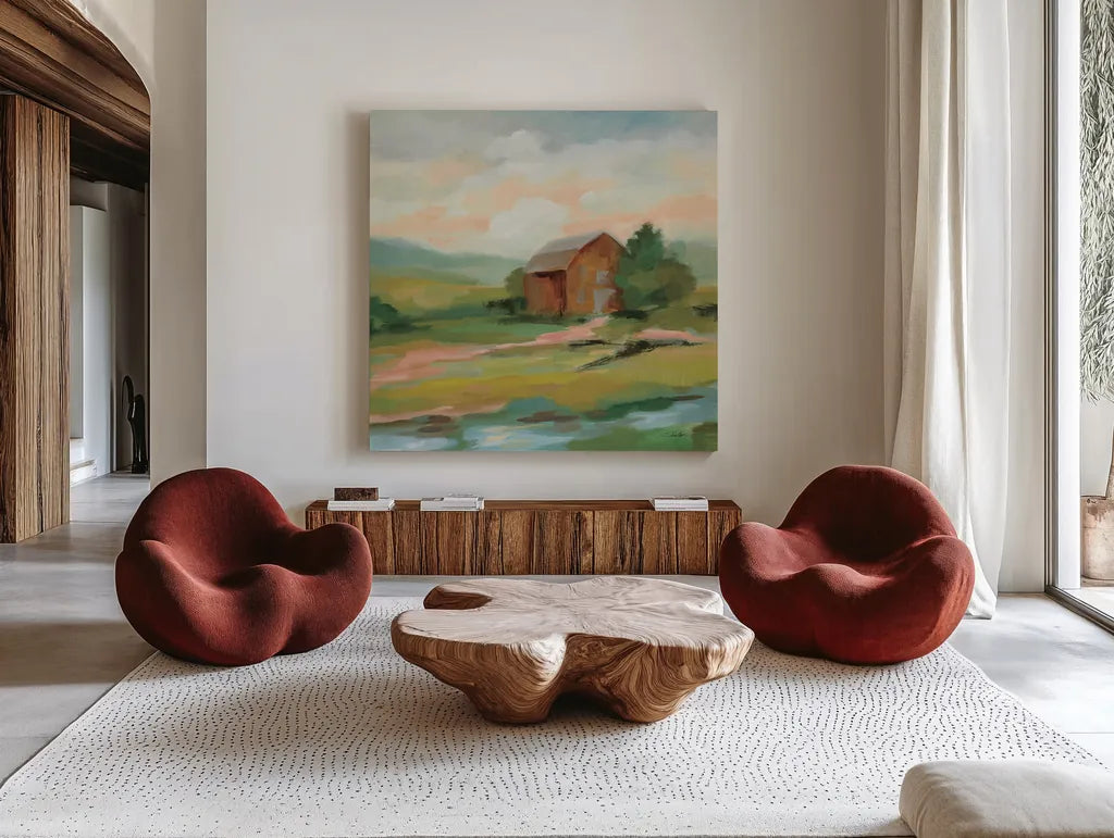 Springtime Farm Pastel Sq by Silvia Vassileva. Shown as extra-large giant wall art in a modern living room. Available as an archival giclee rolled canvas, fine art paper, or poster print. SKU 69374a.