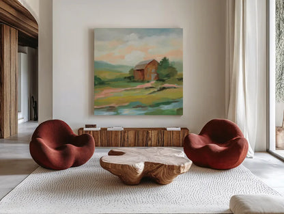 Springtime Farm Pastel Sq by Silvia Vassileva. Shown as extra-large giant wall art in a modern living room. Available as an archival giclee rolled canvas, fine art paper, or poster print. SKU 69374a.