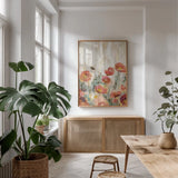 Sprinkled Flowers III Spice by Silvia Vassileva. shown as a print in a natural wood frame in a dining room. Available as a archival giclee rolled canvas, fine art paper, or poster print. SKU 34911h.