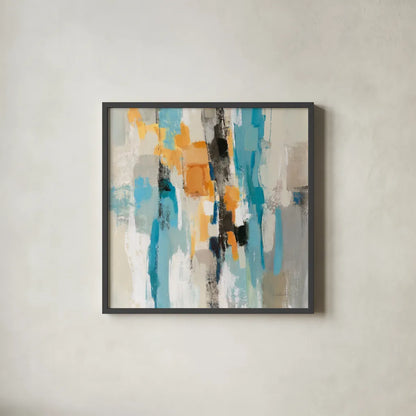 Steps on Sand I Aqua Sq by Silvia Vassileva. Shown in a sleek black glass frame for a contemporary gallery look. Available as an archival giclee rolled canvas, fine art paper, or poster print. SKU 78140a.