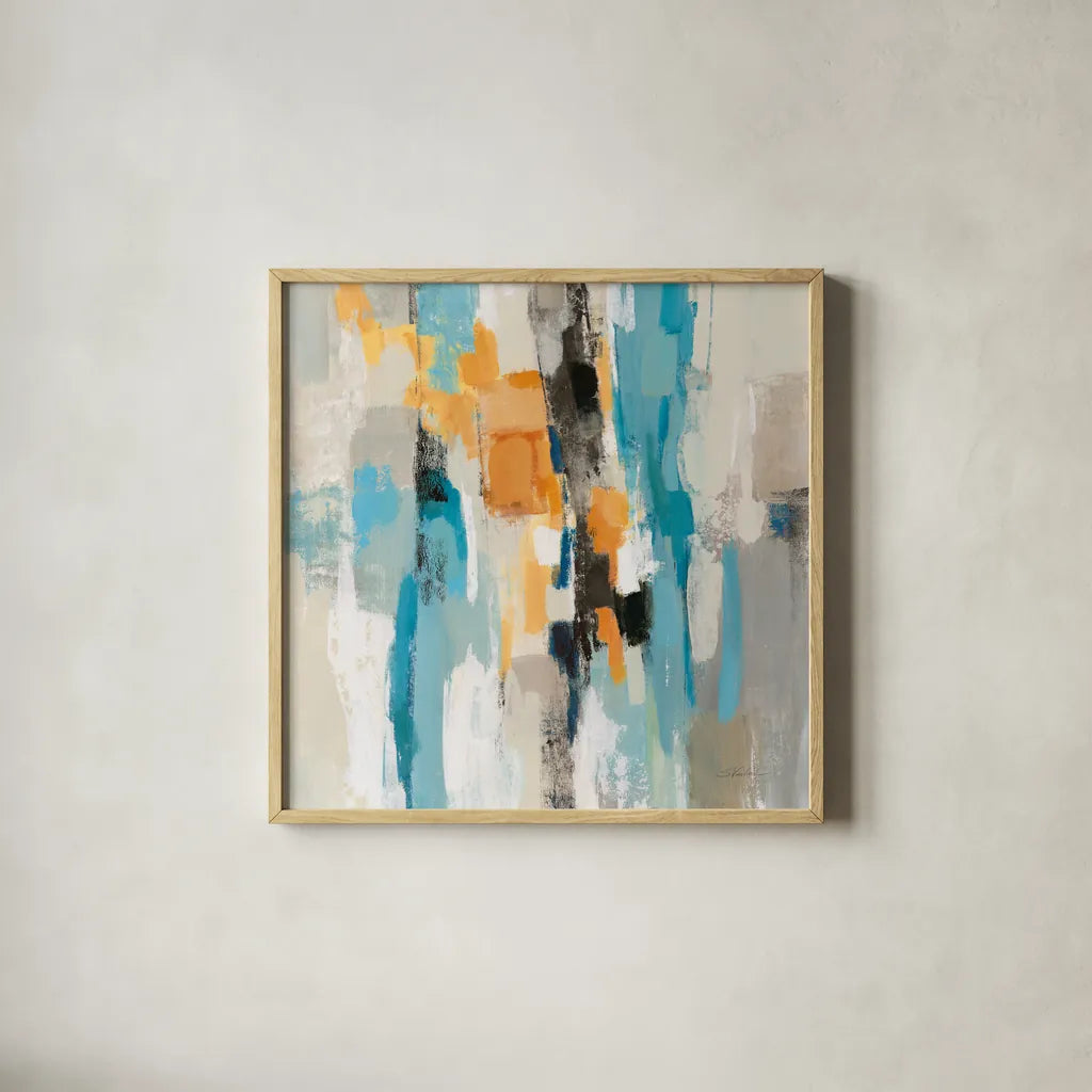Steps on Sand I Aqua Sq by Silvia Vassileva. Shown in a natural wood glass frame for a timeless modern aesthetic. Available as an archival giclee rolled canvas, fine art paper, or poster print. SKU 78140a.