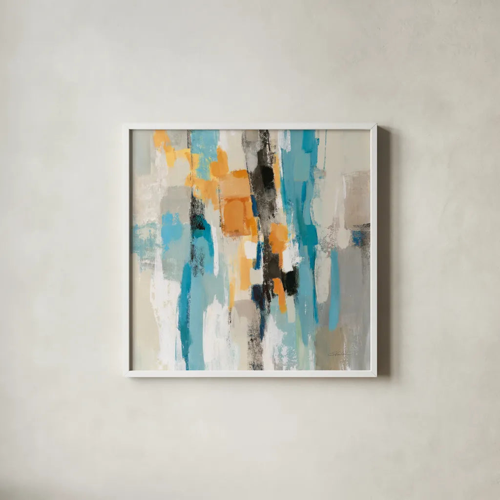 Steps on Sand I Aqua Sq by Silvia Vassileva. Shown in a crisp white glass frame for a clean and minimalist style. Available as an archival giclee rolled canvas, fine art paper, or poster print. SKU 78140a.