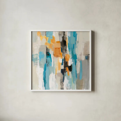 Steps on Sand I Aqua Sq by Silvia Vassileva. Shown in a crisp white glass frame for a clean and minimalist style. Available as an archival giclee rolled canvas, fine art paper, or poster print. SKU 78140a.