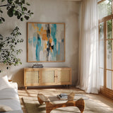 Steps on Sand I Aqua Sq by Silvia Vassileva. Shown in a natural wood frame in a cozy modern living room. Available as an archival giclee rolled canvas, fine art paper, or poster print. SKU 78140a.