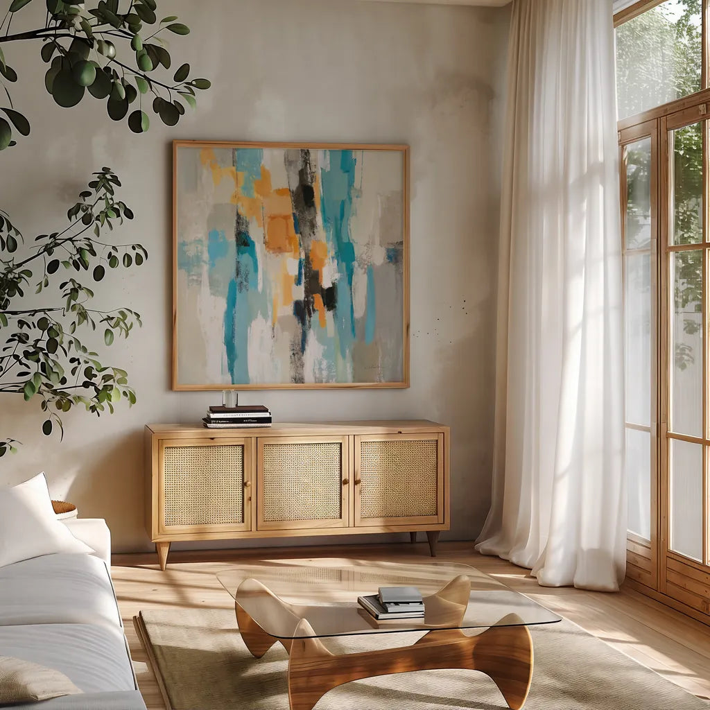 Steps on Sand I Aqua Sq by Silvia Vassileva. Shown in a natural wood frame in a cozy modern living room. Available as an archival giclee rolled canvas, fine art paper, or poster print. SKU 78140a.