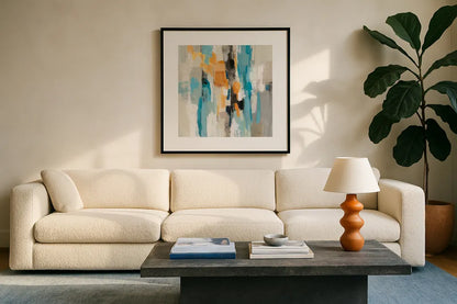Steps on Sand I Aqua Sq by Silvia Vassileva. Displayed in a glass frame with matte in a clean modern living room. Available as an archival giclee rolled canvas, fine art paper, or poster print. SKU 78140a.
