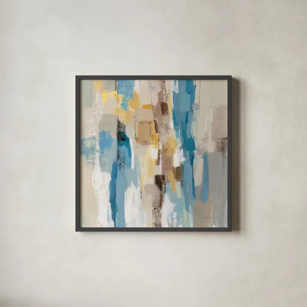 Steps on Sand I Navy Sq by Silvia Vassileva. Shown in a sleek black glass frame for a contemporary gallery look. Available as an archival giclee rolled canvas, fine art paper, or poster print. SKU 69133a.