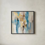 Steps on Sand I Navy Sq by Silvia Vassileva. Shown in a sleek black glass frame for a contemporary gallery look. Available as an archival giclee rolled canvas, fine art paper, or poster print. SKU 69133a.