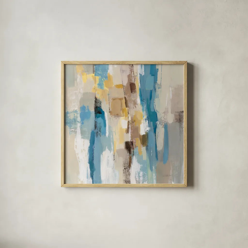 Steps on Sand I Navy Sq by Silvia Vassileva. Shown in a natural wood glass frame for a timeless modern aesthetic. Available as an archival giclee rolled canvas, fine art paper, or poster print. SKU 69133a.