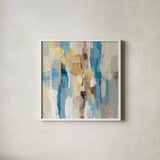 Steps on Sand I Navy Sq by Silvia Vassileva. Shown in a crisp white glass frame for a clean and minimalist style. Available as an archival giclee rolled canvas, fine art paper, or poster print. SKU 69133a.