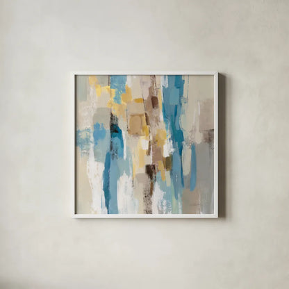 Steps on Sand I Navy Sq by Silvia Vassileva. Shown in a crisp white glass frame for a clean and minimalist style. Available as an archival giclee rolled canvas, fine art paper, or poster print. SKU 69133a.