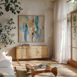 Steps on Sand I Navy Sq by Silvia Vassileva. Shown in a natural wood frame in a cozy modern living room. Available as an archival giclee rolled canvas, fine art paper, or poster print. SKU 69133a.