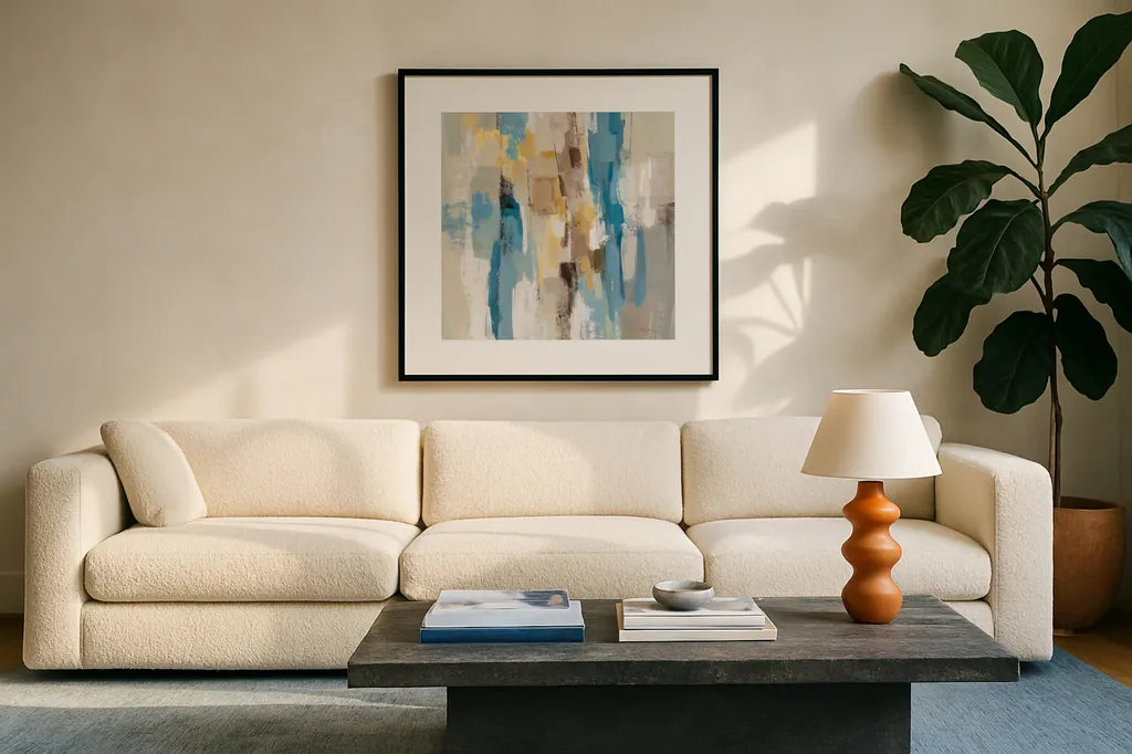 Steps on Sand I Navy Sq by Silvia Vassileva. Displayed in a glass frame with matte in a clean modern living room. Available as an archival giclee rolled canvas, fine art paper, or poster print. SKU 69133a.