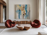 Steps on Sand I Navy Sq by Silvia Vassileva. Shown as extra-large giant wall art in a modern living room. Available as an archival giclee rolled canvas, fine art paper, or poster print. SKU 69133a.