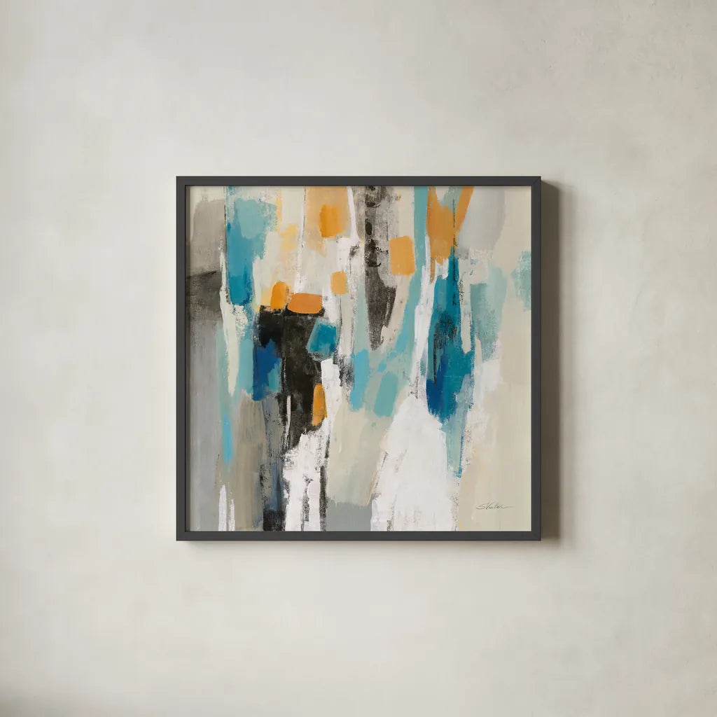 Steps on Sand II Aqua Sq by Silvia Vassileva. Shown in a sleek black glass frame for a contemporary gallery look. Available as an archival giclee rolled canvas, fine art paper, or poster print. SKU 78141a.