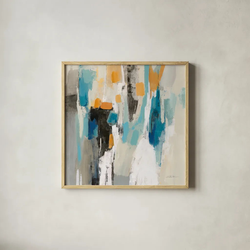 Steps on Sand II Aqua Sq by Silvia Vassileva. Shown in a natural wood glass frame for a timeless modern aesthetic. Available as an archival giclee rolled canvas, fine art paper, or poster print. SKU 78141a.