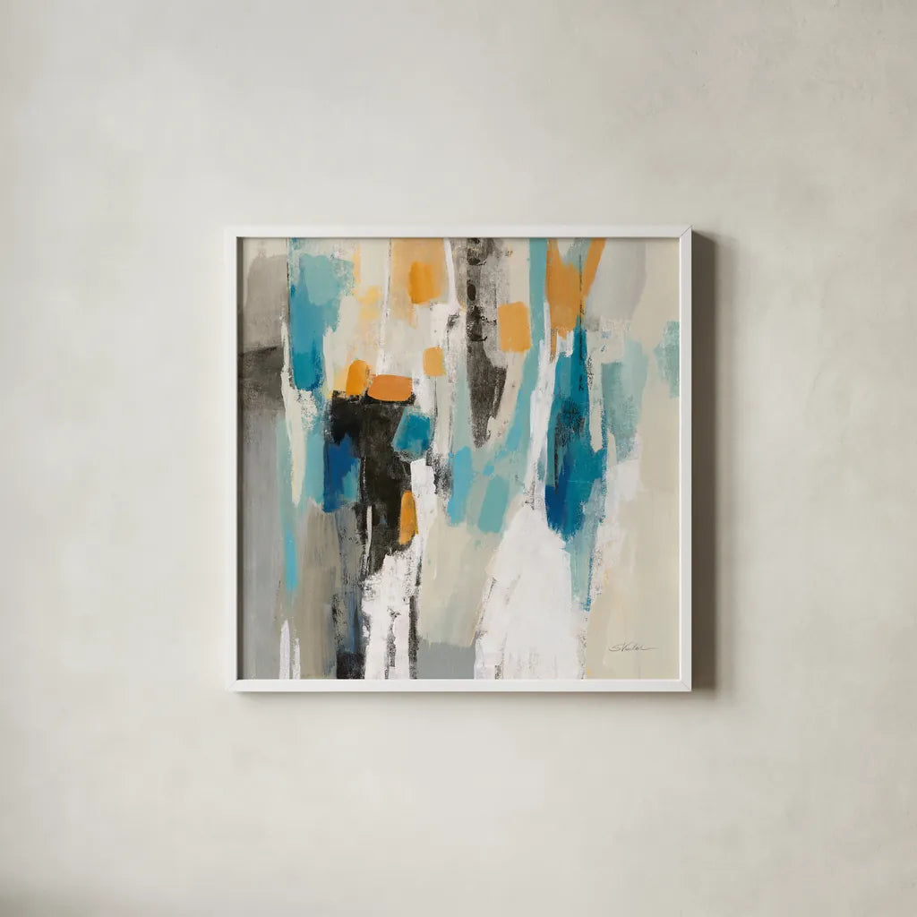 Steps on Sand II Aqua Sq by Silvia Vassileva. Shown in a crisp white glass frame for a clean and minimalist style. Available as an archival giclee rolled canvas, fine art paper, or poster print. SKU 78141a.