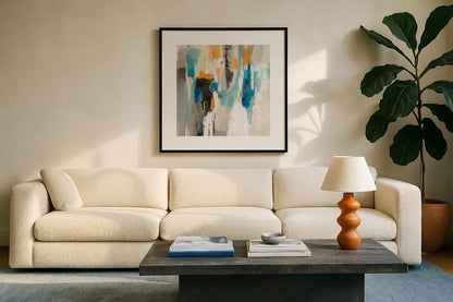 Steps on Sand II Aqua Sq by Silvia Vassileva. Displayed in a glass frame with matte in a clean modern living room. Available as an archival giclee rolled canvas, fine art paper, or poster print. SKU 78141a.