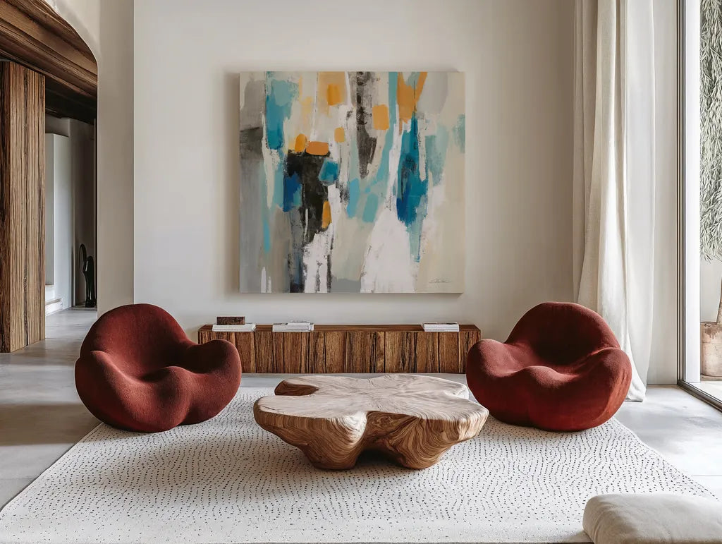 Steps on Sand II Aqua Sq by Silvia Vassileva. Shown as extra-large giant wall art in a modern living room. Available as an archival giclee rolled canvas, fine art paper, or poster print. SKU 78141a.