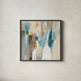 Steps on Sand II Navy Sq by Silvia Vassileva. Shown in a sleek black glass frame for a contemporary gallery look. Available as an archival giclee rolled canvas, fine art paper, or poster print. SKU 69134a.