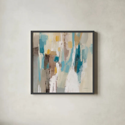 Steps on Sand II Navy Sq by Silvia Vassileva. Shown in a sleek black glass frame for a contemporary gallery look. Available as an archival giclee rolled canvas, fine art paper, or poster print. SKU 69134a.