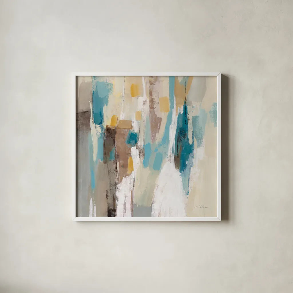 Steps on Sand II Navy Sq by Silvia Vassileva. Shown in a crisp white glass frame for a clean and minimalist style. Available as an archival giclee rolled canvas, fine art paper, or poster print. SKU 69134a.