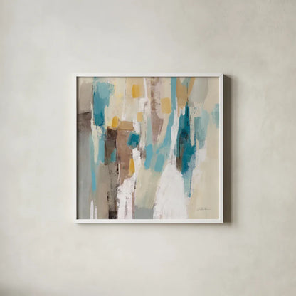 Steps on Sand II Navy Sq by Silvia Vassileva. Shown in a crisp white glass frame for a clean and minimalist style. Available as an archival giclee rolled canvas, fine art paper, or poster print. SKU 69134a.