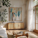 Steps on Sand II Navy Sq by Silvia Vassileva. Shown in a natural wood frame in a cozy modern living room. Available as an archival giclee rolled canvas, fine art paper, or poster print. SKU 69134a.