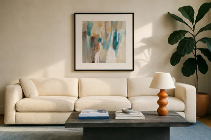Steps on Sand II Navy Sq by Silvia Vassileva. Displayed in a glass frame with matte in a clean modern living room. Available as an archival giclee rolled canvas, fine art paper, or poster print. SKU 69134a.