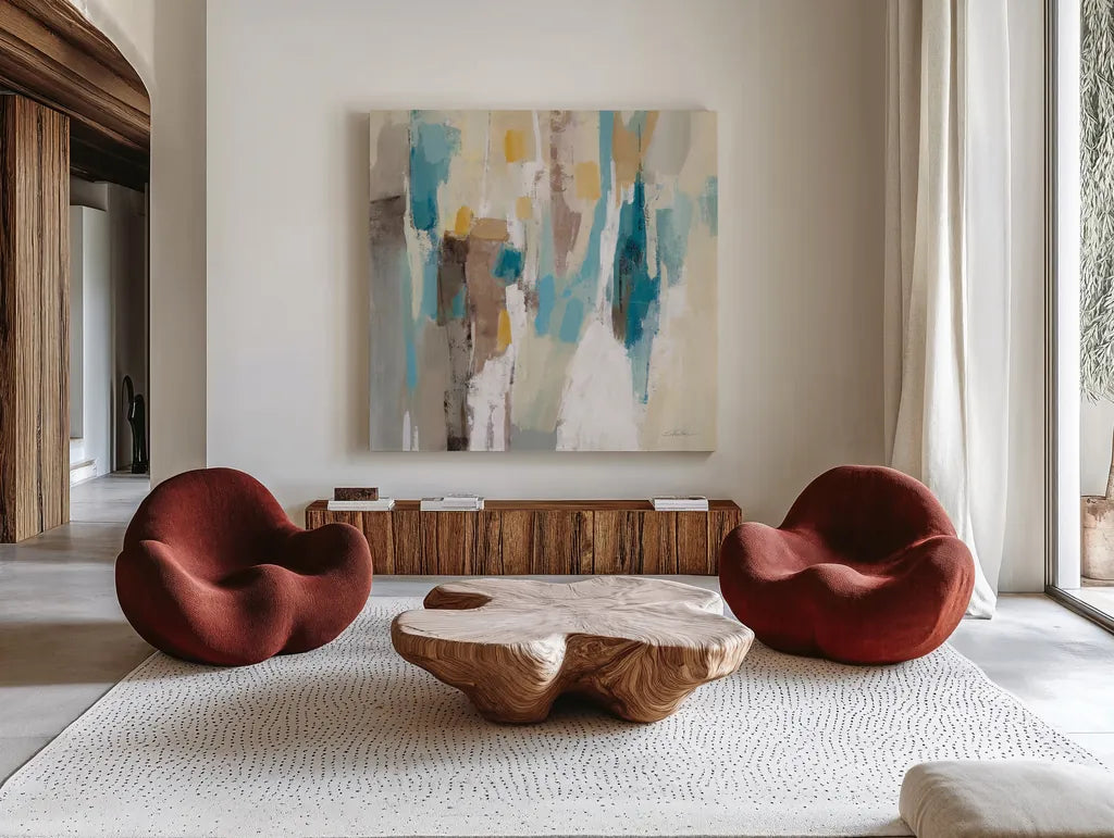 Steps on Sand II Navy Sq by Silvia Vassileva. Shown as extra-large giant wall art in a modern living room. Available as an archival giclee rolled canvas, fine art paper, or poster print. SKU 69134a.