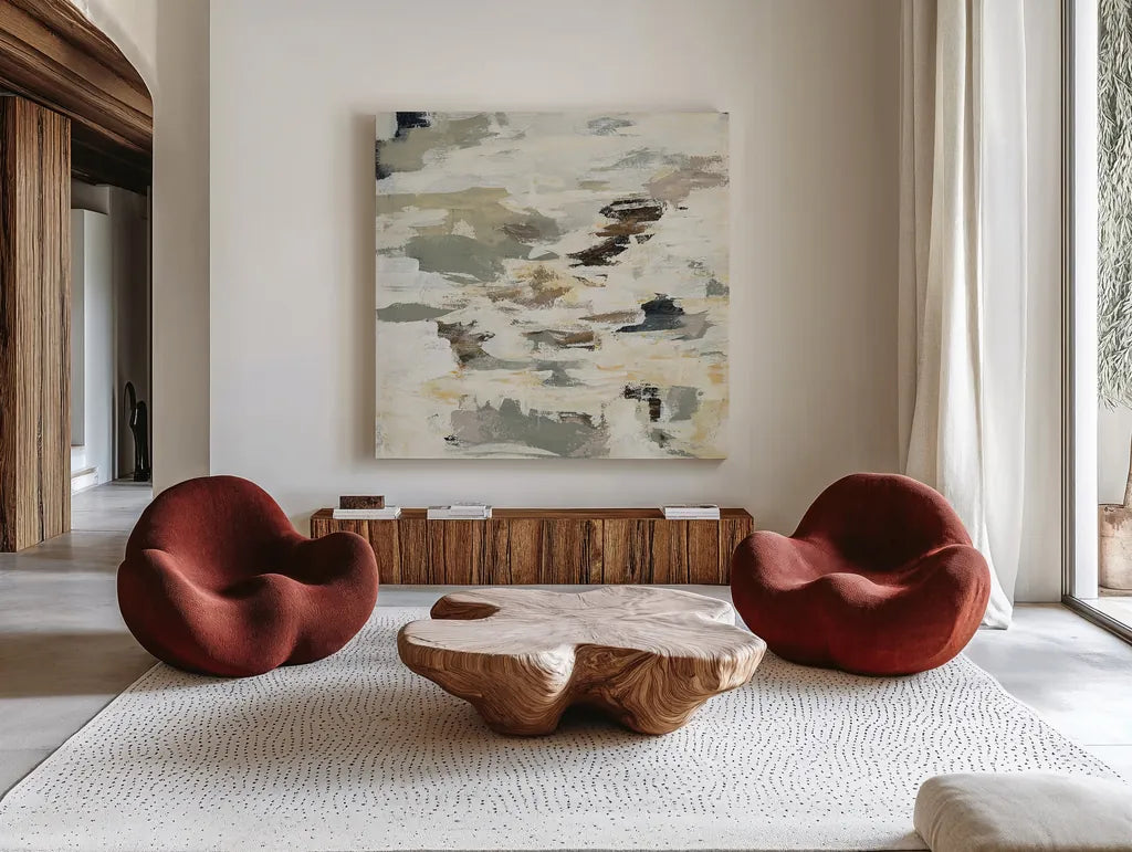 Steps on Stones I by Silvia Vassileva. Shown as extra-large giant wall art in a modern living room. Available as an archival giclee rolled canvas, fine art paper, or poster print. SKU 26339a.