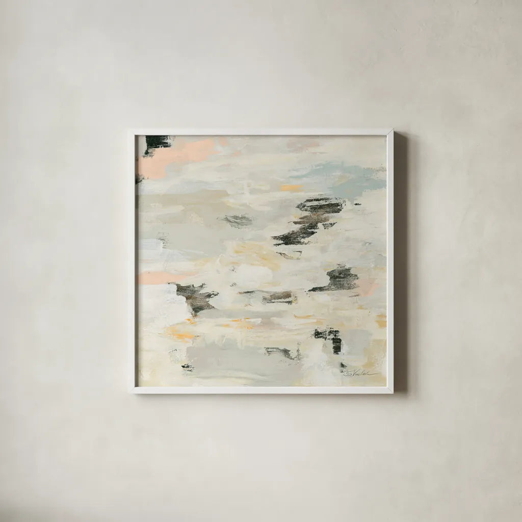 Steps on Stones I Boho by Silvia Vassileva. Shown in a crisp white glass frame for a clean and minimalist style. Available as an archival giclee rolled canvas, fine art paper, or poster print. SKU 67876a.