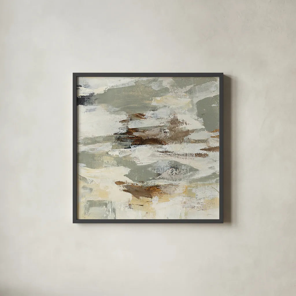Steps on Stones II v2 by Silvia Vassileva. Shown in a sleek black glass frame for a contemporary gallery look. Available as an archival giclee rolled canvas, fine art paper, or poster print. SKU 28417a.