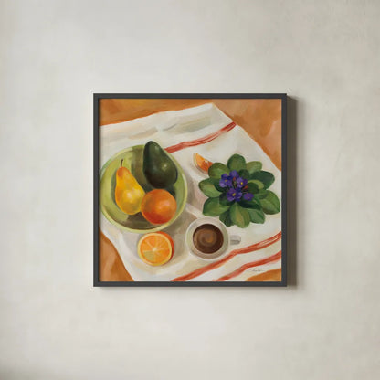 Still Life with Violets by Silvia Vassileva. Shown in a sleek black glass frame for a contemporary gallery look. Available as an archival giclee rolled canvas, fine art paper, or poster print. SKU 90325a.