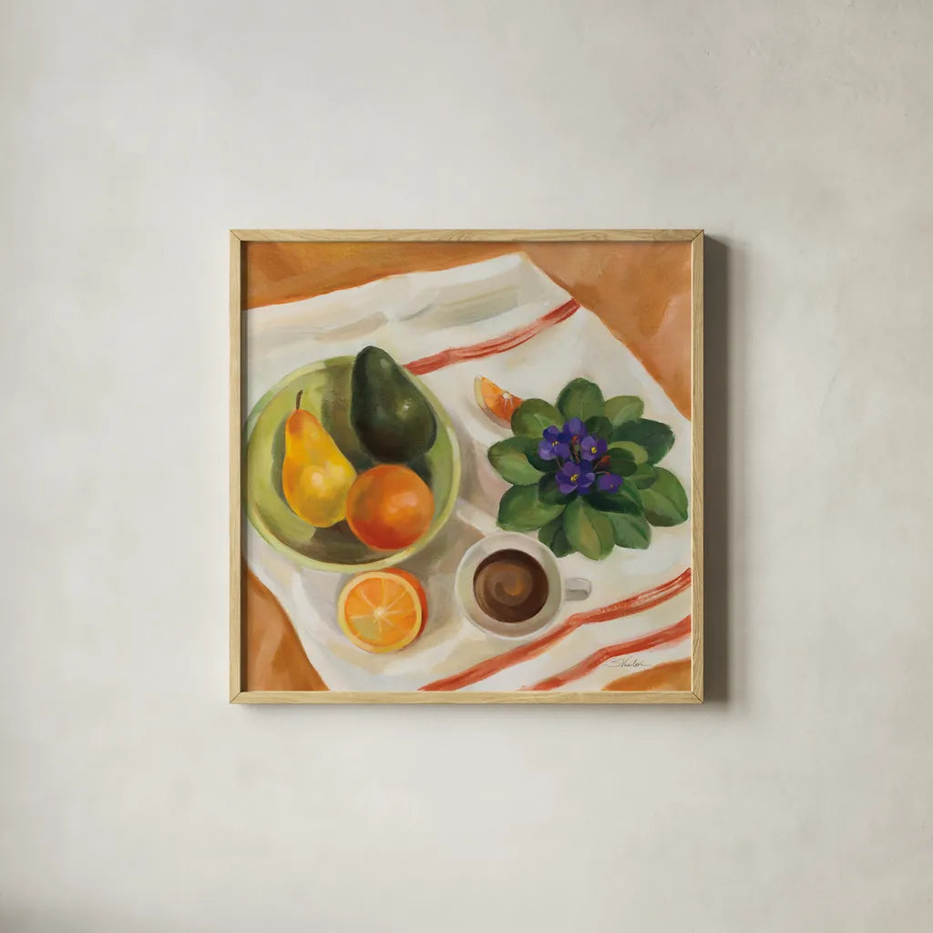 Still Life with Violets by Silvia Vassileva. Shown in a natural wood glass frame for a timeless modern aesthetic. Available as an archival giclee rolled canvas, fine art paper, or poster print. SKU 90325a.