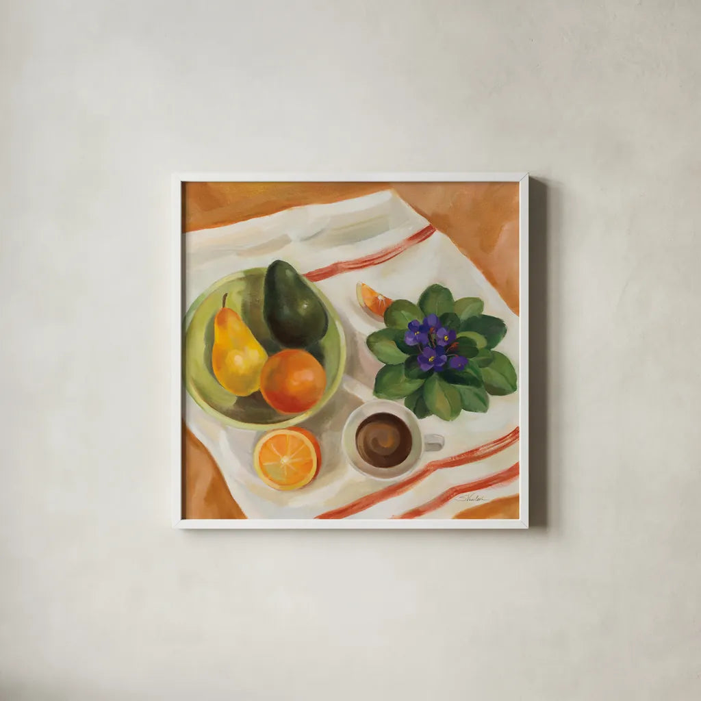 Still Life with Violets by Silvia Vassileva. Shown in a crisp white glass frame for a clean and minimalist style. Available as an archival giclee rolled canvas, fine art paper, or poster print. SKU 90325a.