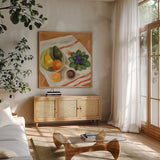Still Life with Violets by Silvia Vassileva. Shown in a natural wood frame in a cozy modern living room. Available as an archival giclee rolled canvas, fine art paper, or poster print. SKU 90325a.