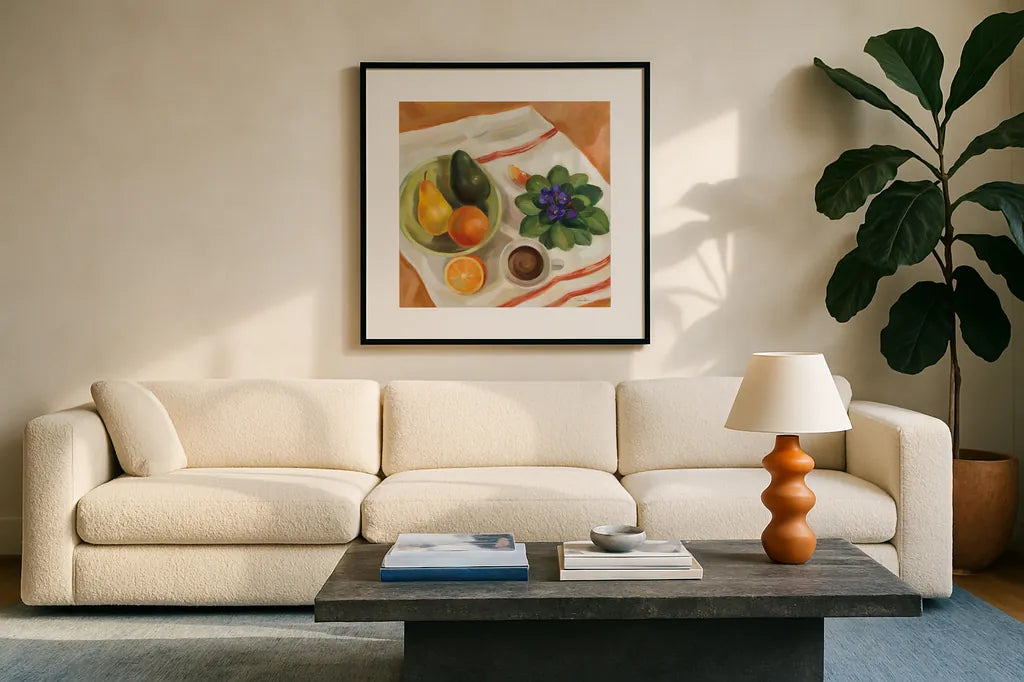 Still Life with Violets by Silvia Vassileva. Displayed in a glass frame with matte in a clean modern living room. Available as an archival giclee rolled canvas, fine art paper, or poster print. SKU 90325a.