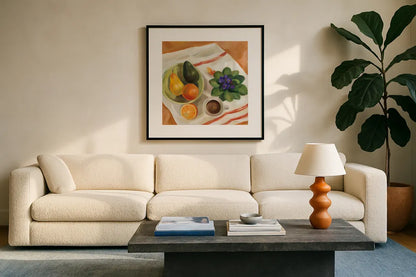 Still Life with Violets by Silvia Vassileva. Displayed in a glass frame with matte in a clean modern living room. Available as an archival giclee rolled canvas, fine art paper, or poster print. SKU 90325a.