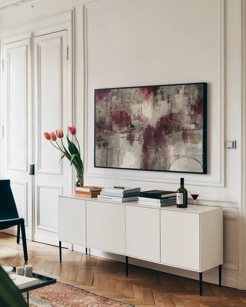Stone Gardens by Silvia Vassileva. shown as a framed stretched canvas in a living room above a console. Available as a archival giclee rolled canvas, fine art paper, or poster print. SKU 12262i.